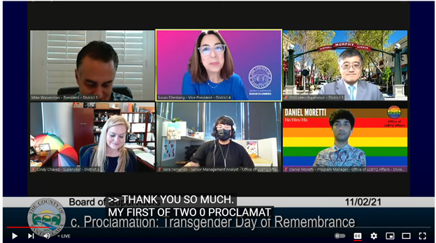 Zoom screen capture of the Board of Supervisors and members of the Office of LGBTQ Affairs recognizing Transgender Day of Remembrance