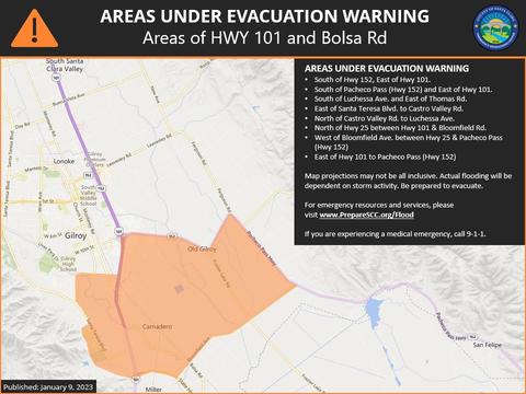 Map of evacuation warning area for Jan. 9, 2023