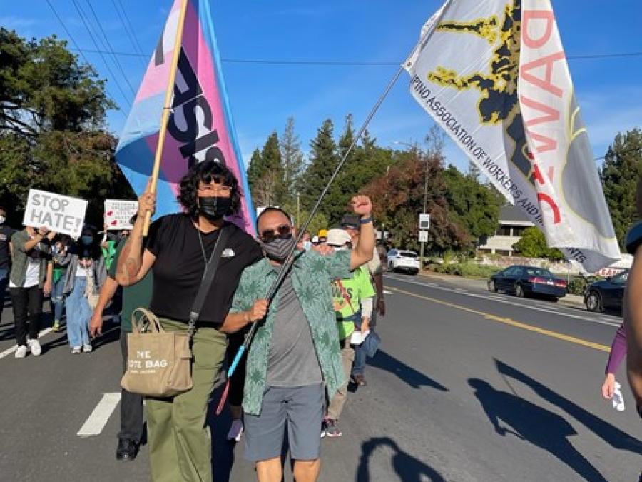 Sera Fernando, a transgender rights activist and Senior Management Analyst for the County of Santa Clara Office of LGBTQ Affairs marches in Los Gatos in support of the trans community. 