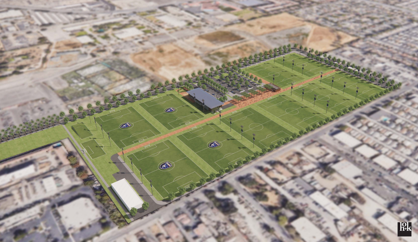 Rendered drawing of a soccer field complex with 10 soccer fields and a structure.