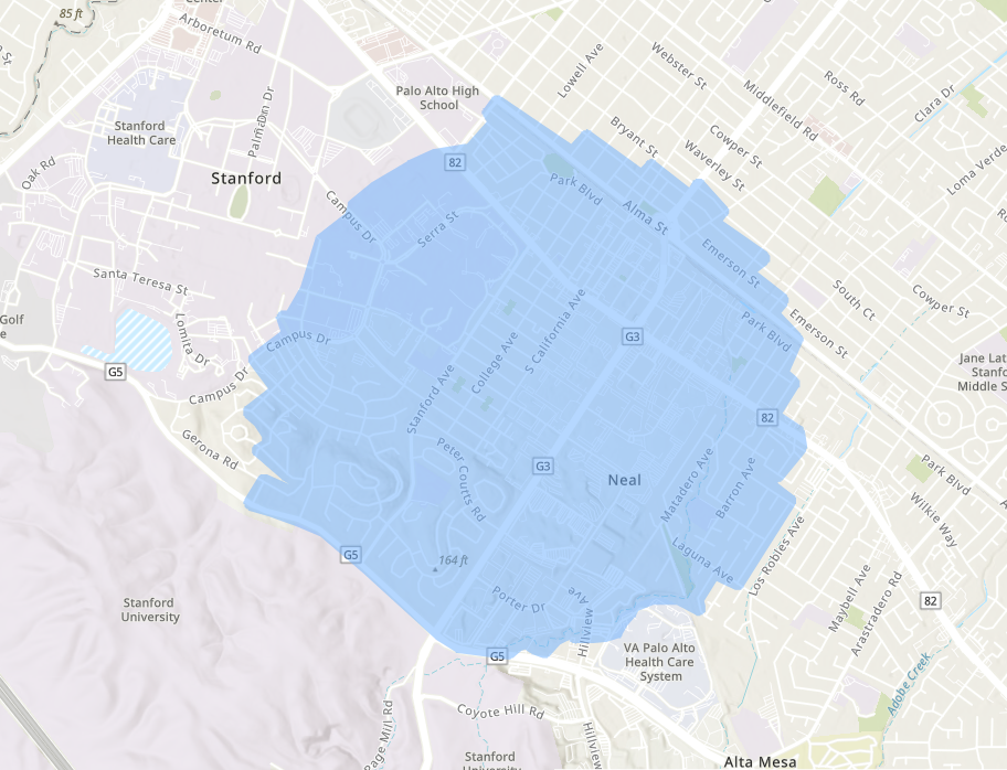 Mosquito Treatment map of Palo Alto and Stanford Area