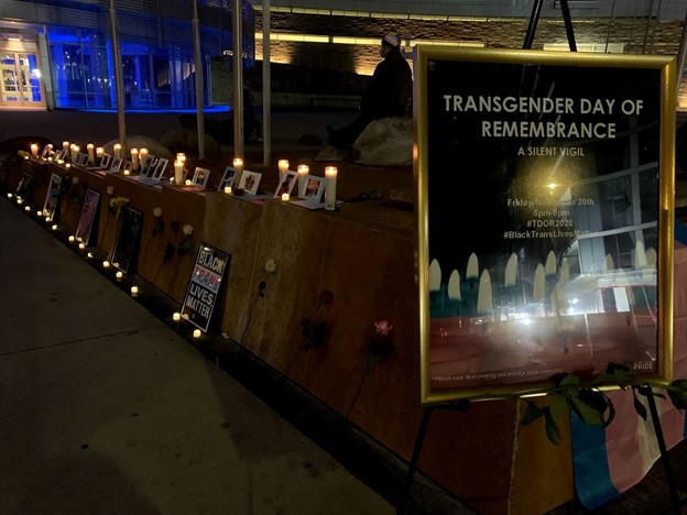 Transgender Day of Remembrance 2020 Memorial sign with candles and vigil