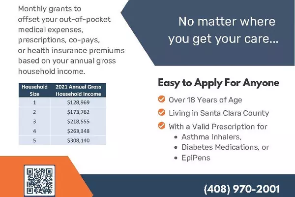 Graphic from MedAssist flier: Get Paid! Monthly grants to offset your out-of-pocket medical expenses, prescriptions, co-pays, or health insurance premiums based on your annual gross household income. MEDASSIST No matter where you get your care. 408-970-2001 medassist.sccgov.org