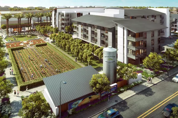 A rendering of Agrihood, which shows an urban farm on the left, adjacent to a building