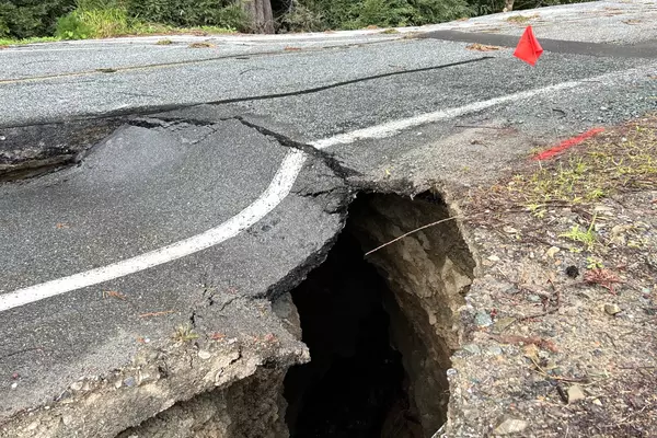 Photo of a hole in Bear Creek Road near Los Gatos.