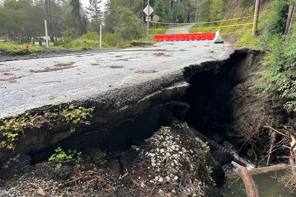 Photo of a portion of Bear Creek Road near Los Gatos that was damaged by storms in 2023.