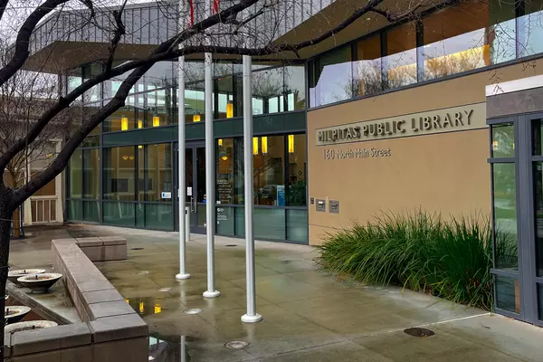 The outside of Milpitas Library showing the entrance