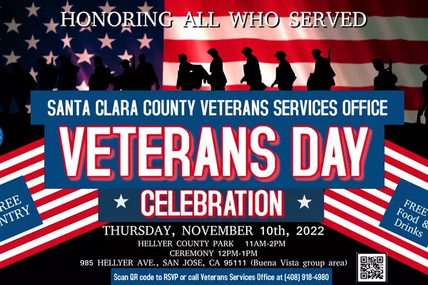 Veterans Day Celebration Flier with american flags, soldiers and details about a celebration at Hellyer Park on Thursday, Nov. 10 from 11 a.m. - 2 p.m. 