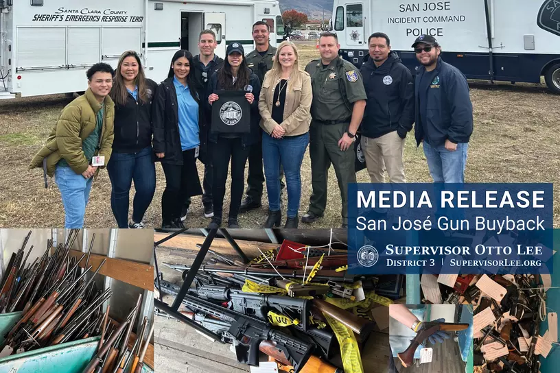 collage of photos from san jose gun buyback 12/2/23 with pics of guns and group photo