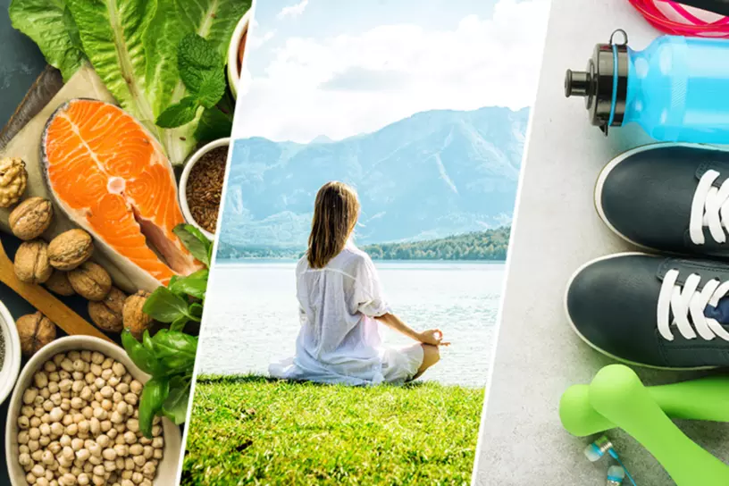 Left image of fish, vegetables, and nuts; Center image of woman meditating in front of a lake and mountain; Right image of red jump rope, blue water bottle, black shoes, green weights, and blue earphones