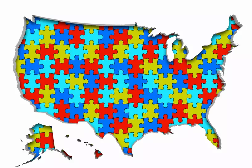 United States of America USA Puzzle Pieces Map Working Together 3d Illustration