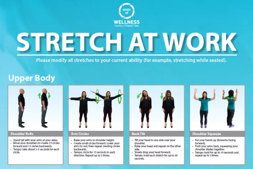 Poster with different upper and lower body stretches to do at work