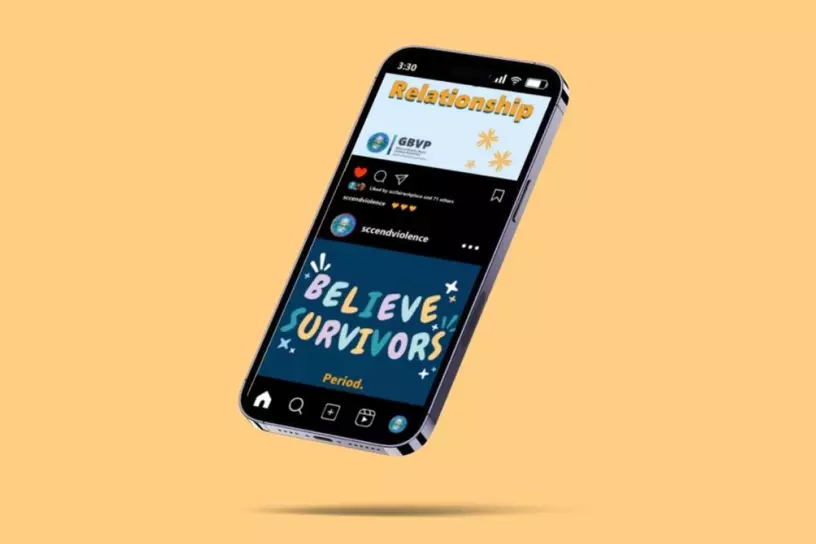 A graphic image of a phone that shows an Instagram feed page.