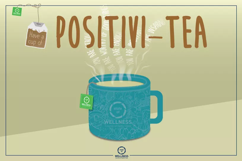 The top text says Have a cup of Positivi-Tea; center image is a teal cup of tea with steam made of words such as You are strong, worthy, enough, important, inspiring, etc.
