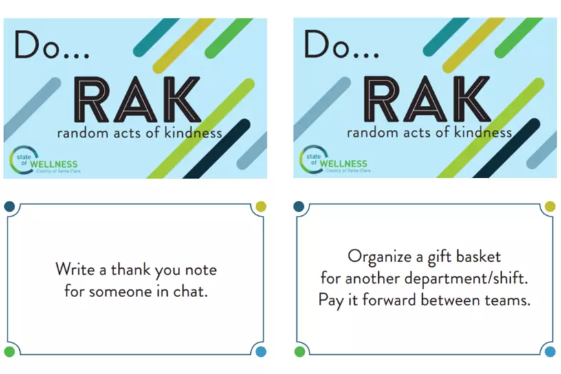 Examples of Random Acts of Kindness cards; one side says Do RAK (random acts of kindness); other side says Write a thank you note for someone in chat / Organize a gift basket for another department/shift