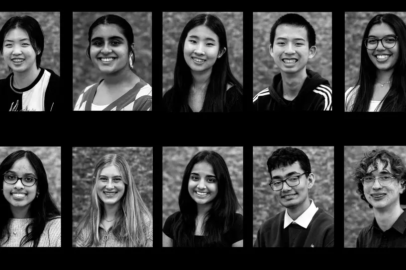 A group of students profile pictures in black in white