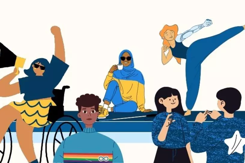 Illustrated people. A dark-complected person with curly hair is wearing a sweater with a rainbow autism symbol. Another person with dark hair wearing a hijab sips from a mug with a white cane at their side. A light-skinned person with reddish hair and a bionic arm does martial arts. A person with medium-complected in a wheelchair holds a megaphone. A dark-complected person with blue curly hair and a hearing aid smiles as they work. Two lightly-complected people with dark hair sign to each other. 