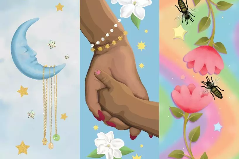 illustration split into three parts; left has a blue crescent moon, the middle has a larger hand holding small hand with white flowers behind; the right has two flowers with colors behind