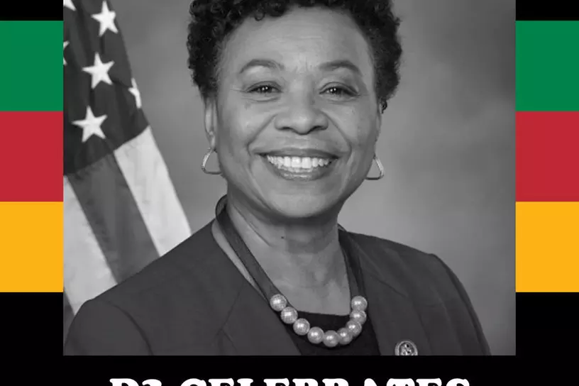 Photo shows congresswoman Barbara Lee above a heading that displays "D3 celebrates black history month"