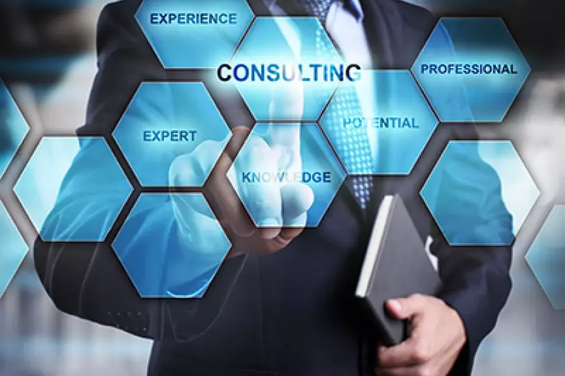 Chart overlaying a business man with words like Consulting, experience, expert, professional