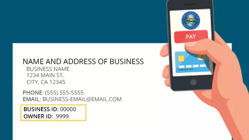 An invoice with business and owner ID listed is the background and a person paying their bill on their cell phone.