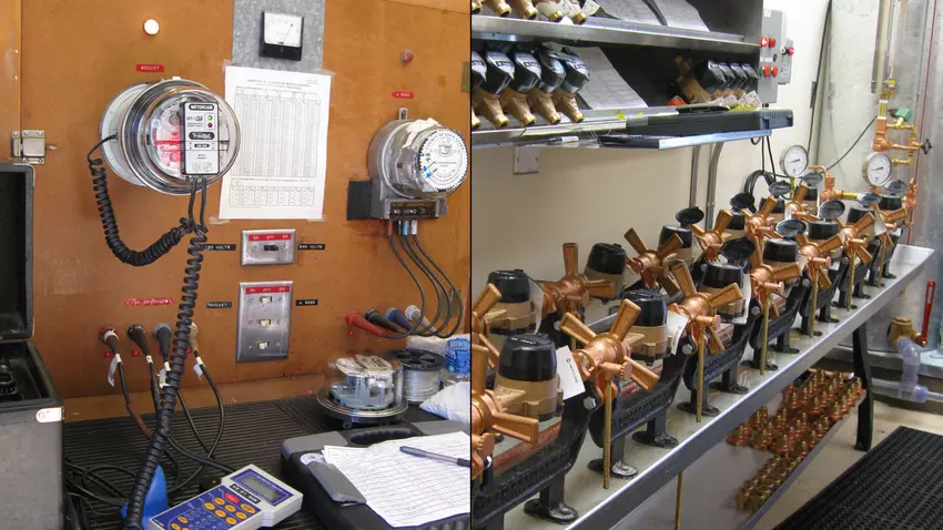 Devices in Weights and Measures' lab that determine if electric and water meters are accurate. 