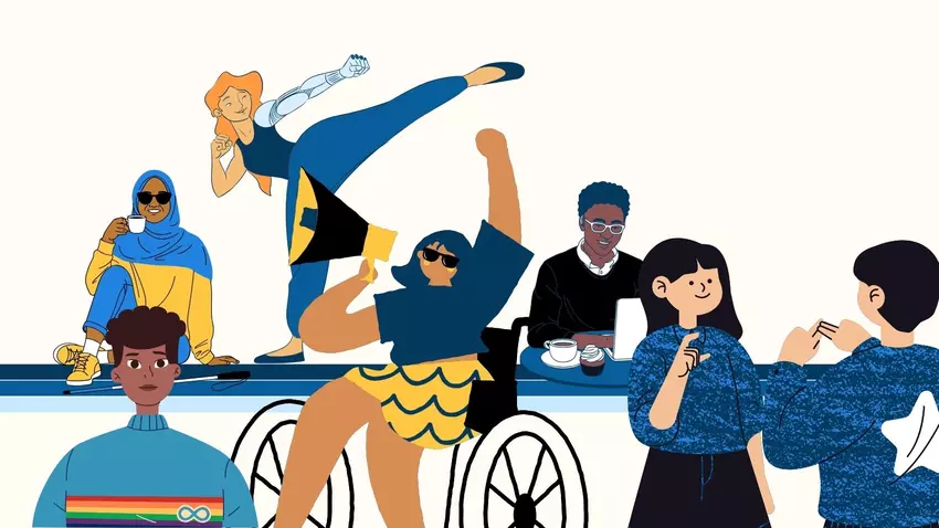 Illustrated people. A dark-complected person with curly hair is wearing a sweater with a rainbow autism symbol. Another person with dark hair wearing a hijab sips from a mug with a white cane at their side. A light-skinned person with reddish hair and a bionic arm does martial arts. A person with medium-complected in a wheelchair holds a megaphone. A dark-complected person with blue curly hair and a hearing aid smiles as they work. Two lightly-complected people with dark hair sign to each other.
