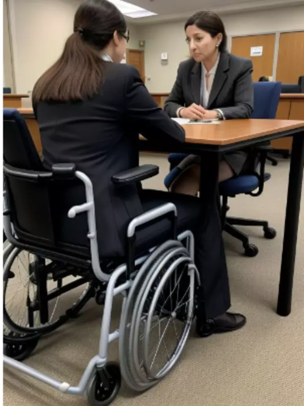Person in a wheelchair and a woman meeting and talking in conference room