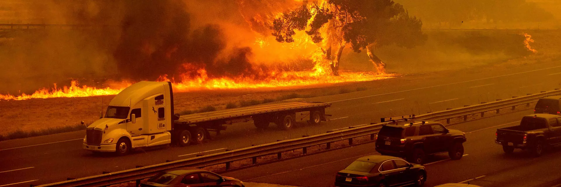 A tree and grass burn on the side of a highway as cars and large truck pass by