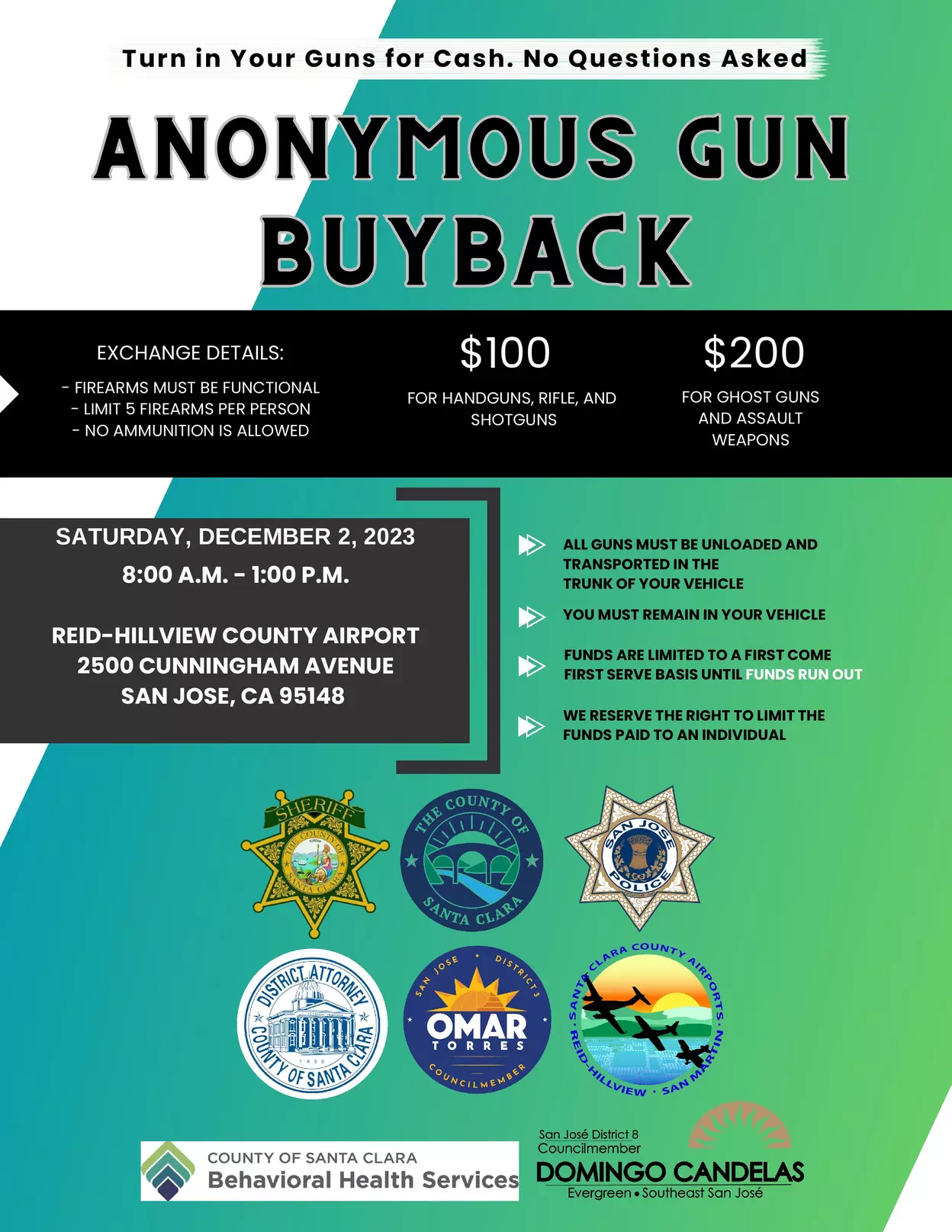 English Gun Buy Back San Jose Flyer Dec 2, 2023 at 8 AM at Reid-Hillview Airport