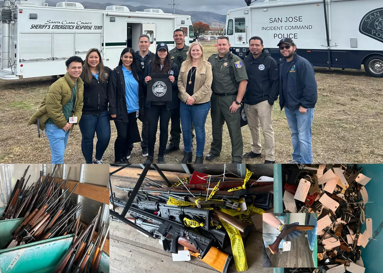 collage of photos from the san jose gun buyback on 12/3/23 with supervisor chavez, DA Staff, Sheriff's Office, D3 Staff