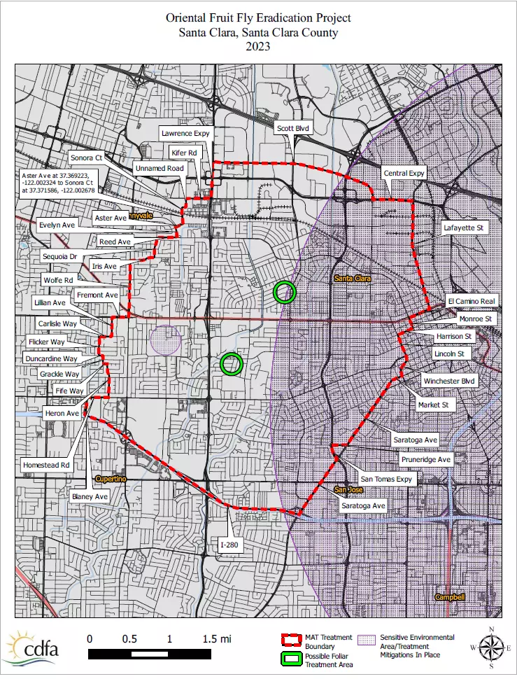 Map of area that will be treated to eradicate oriental fruit flies on Aug. 26.