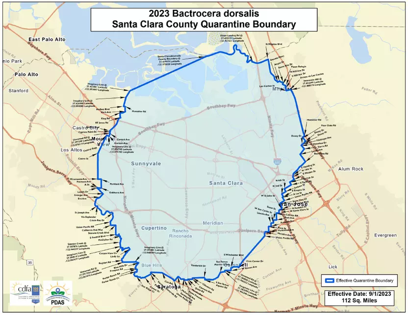 Map of the area in Santa Clara County under quarantine for the oriental fruit fly in August 2023.