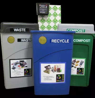 Three litter bins: one for landfill waste, one for recycling, and one for compost.