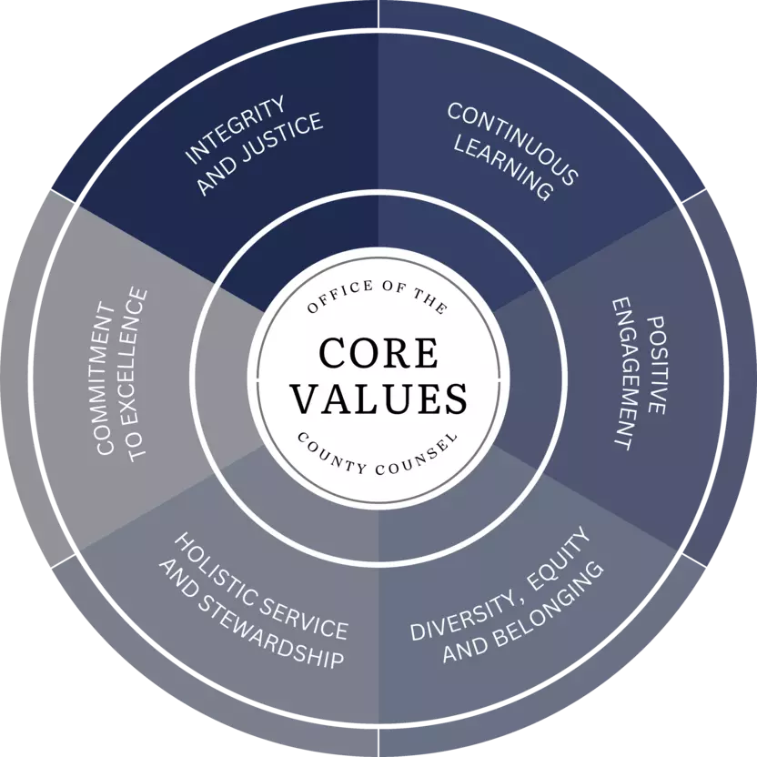 A graphic depicting six County County core values: 1) integrity and justice; 2) continuous learning; 3) positive engagement; 4) diversity, equity and belonging;  5) holistic service and stewardship; 6) commitment to excellence