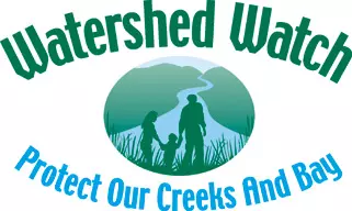 Watershed Watch Logo with man, woman, and child in between all holding hands. Text includes "Watershed Watch" on top and "Protects our creeks and bay" at bottom