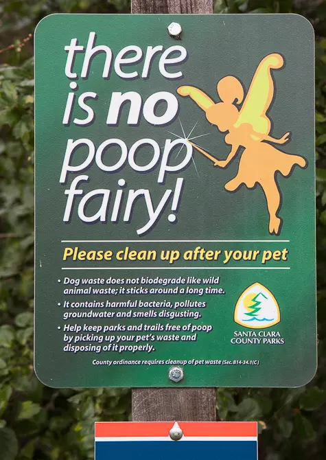 Sign displayed with the text "There is no poop fairy. Please clean up after your pet. Dog waste does not biodegrade like wild animal waste; it sticks around a long time. It contains harmful bacteria, pollutes groundwater and smells disgusting. Help keep parks and trails free of poop by picking up your pet's waste and disposing of it properly." Includes logo of tree with text "Santa Clara County Parks" and caption with text "County ordinance requires cleanup of pet waste"