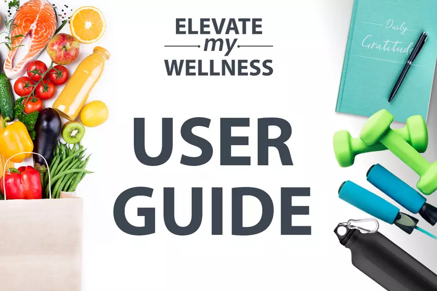 Right image of paper shopping bag with fruits and vegetables; Center text says Elevate My Wellness User Guide; Left image of teal gratitude journal, green weights, blue jump rope, and black water bottle