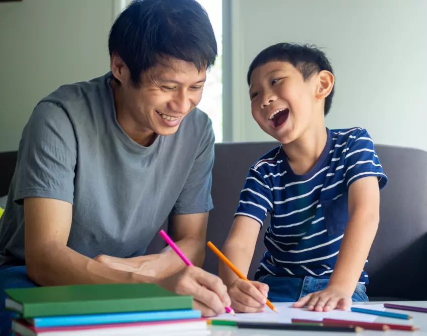 Asian father and son coloring